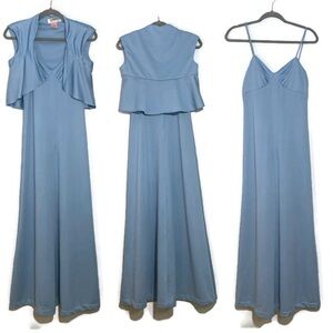 Vintage 1970's Two Piece Maxi Dress, Light Blue Strappy Dress w/ Matching Shrug